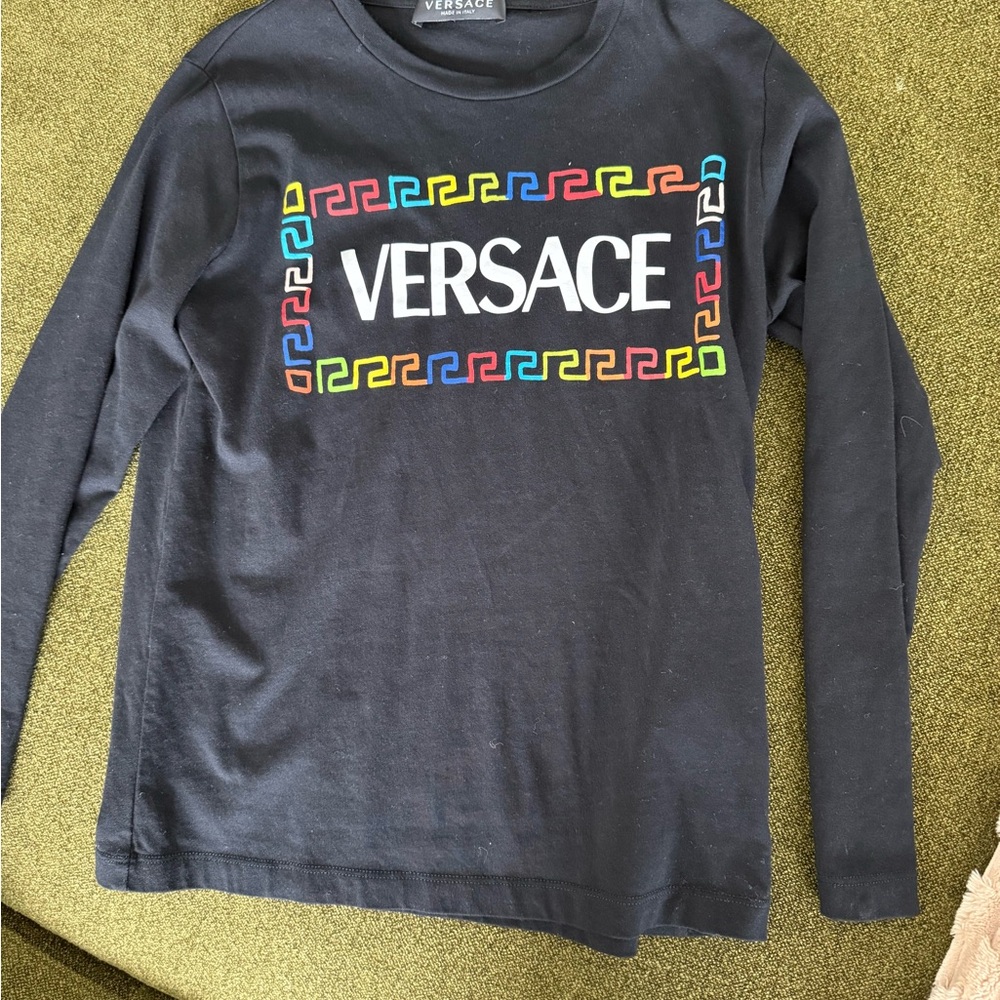 Versace Black Long Sleeve Tee with Geometric Logo